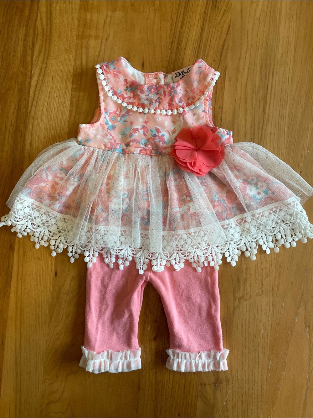 Little Lass Coral Pink Floral Tulle Top with Pink Leggings Set